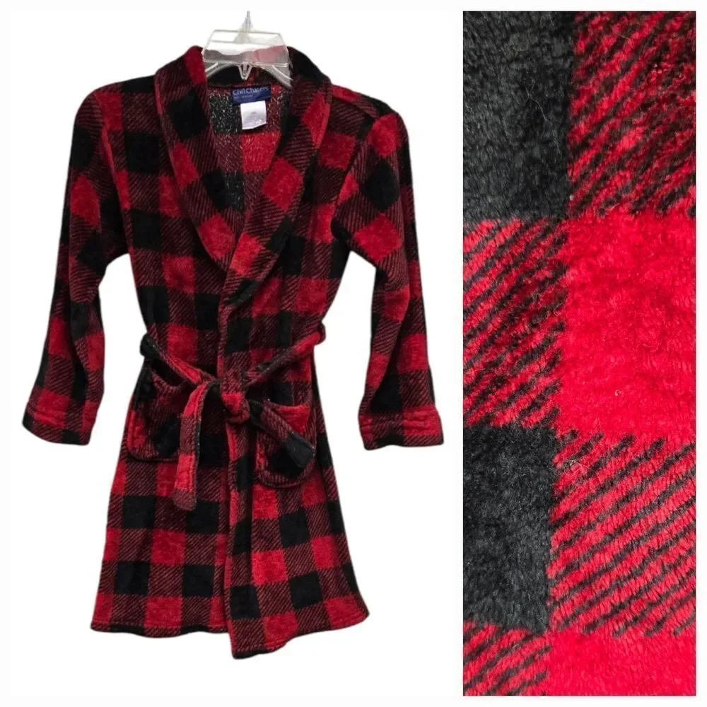 Cuddl Duds Kids Chill Chaser Red Black Buffalo Plaid Child Robe Faux Fur Plush